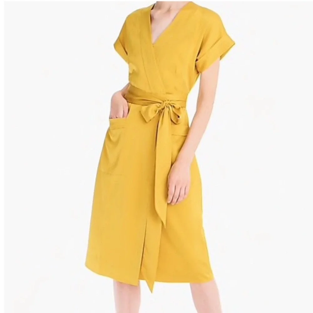 J. Crew Short Sleeve Wrap Dress in Satin Crepe Gold V Neck Front Pocket Size S
